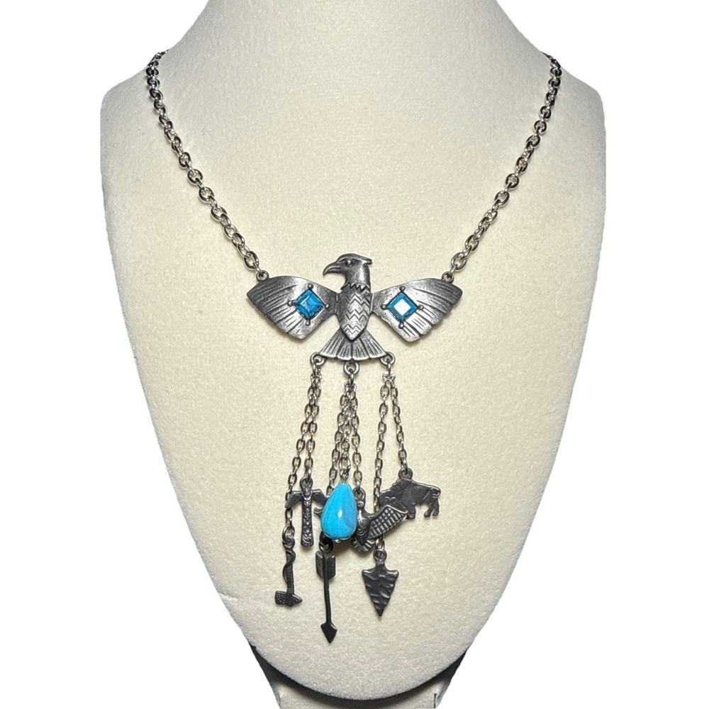 Park Lane Silver Tone‎ Turquoise Native American Charm Necklace Vtg  J-12N